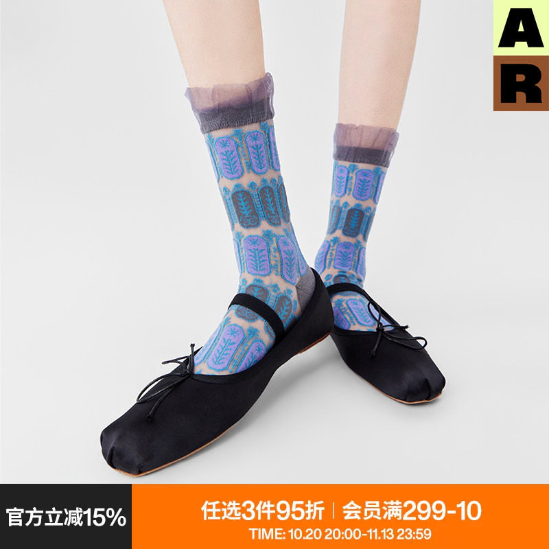 AR袜子女款中筒袜春夏季薄复古百搭蓝色花边罗口亮光卡丝袜芭蕾风