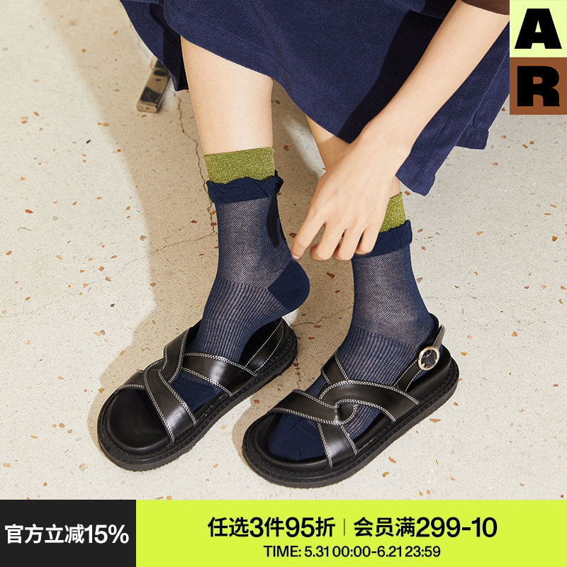 AR袜子女款中筒袜春夏季薄款拼色网眼透气短袜亮光丝袜秋冬堆堆袜