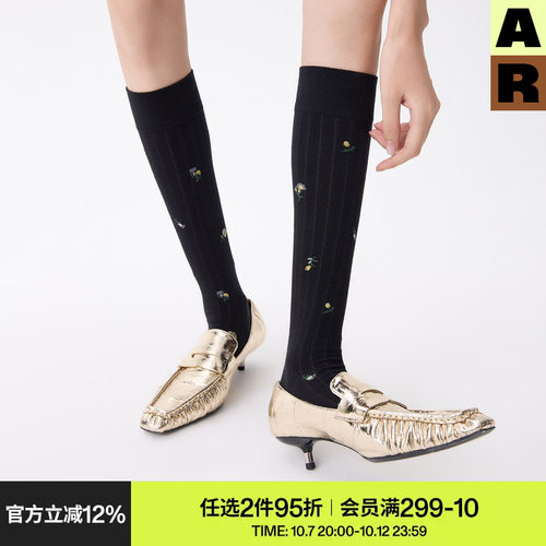 AR小腿袜黑色复古刺绣花堆堆袜jk长筒袜显瘦高筒长袜子女款miu系