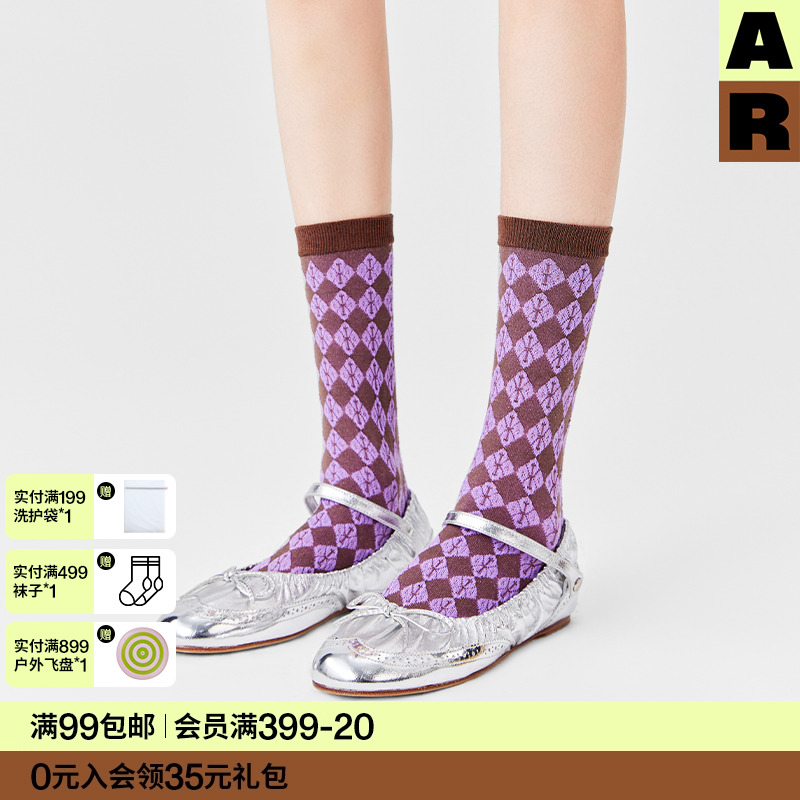 AR复古格纹中筒袜2025新款精梳棉无骨袜格子袜子女a线AlmondRocks