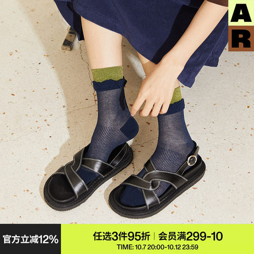 AR袜子女款中筒袜春夏季薄款拼色网眼透气短袜亮光丝袜秋冬堆堆袜