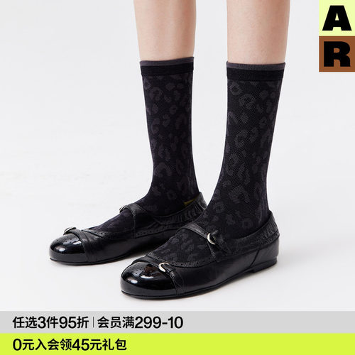 AR袜子女款春夏季轻薄透气中筒袜舒适百搭豹纹黑色堆堆袜设计感