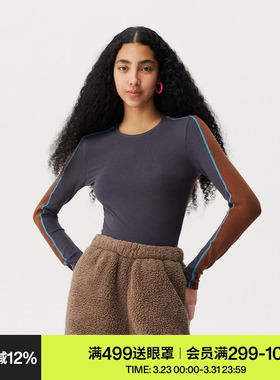 AR复古撞色长袖t恤女款可外穿保暖内衣远红外发热打底衫圆领秋衣