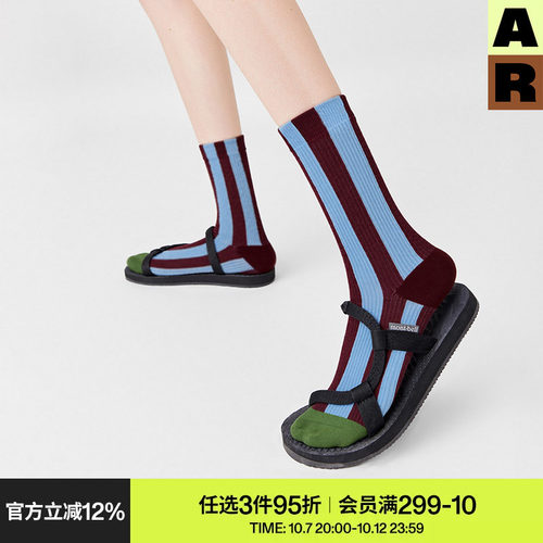 AR袜子女秋冬季双针竖条纹复古日系撞色中筒袜无骨四季百搭长筒袜