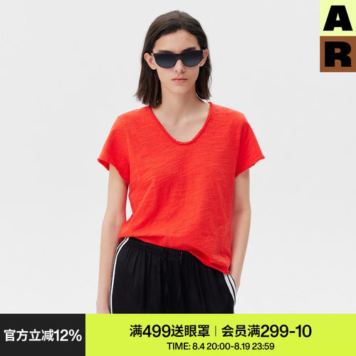 AR「softnotes」竹节棉V领纯棉短袖t恤上衣女装夏季家居服慵懒风