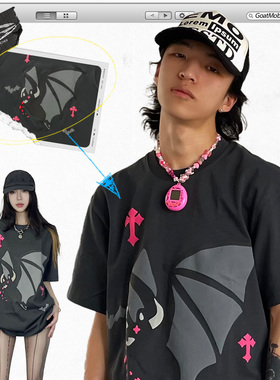 GTB/Ghettobro嗜血蝙蝠十字架260克重磅小领口发泡印花短袖情侣装