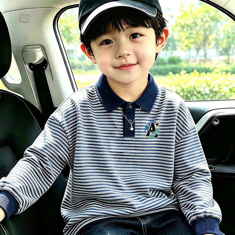 条纹长袖T恤男童POLO衫春秋新款儿童打底上衣男孩洋气休闲上衣潮