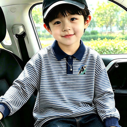 条纹长袖T恤男童POLO衫春秋新款儿童打底上衣男孩洋气休闲上衣潮