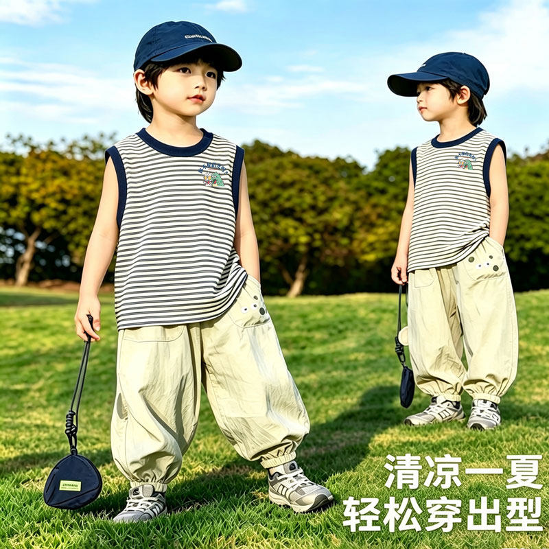 童装条纹男童背心夏季薄款无袖T恤2026新款儿童外穿透气速干上衣