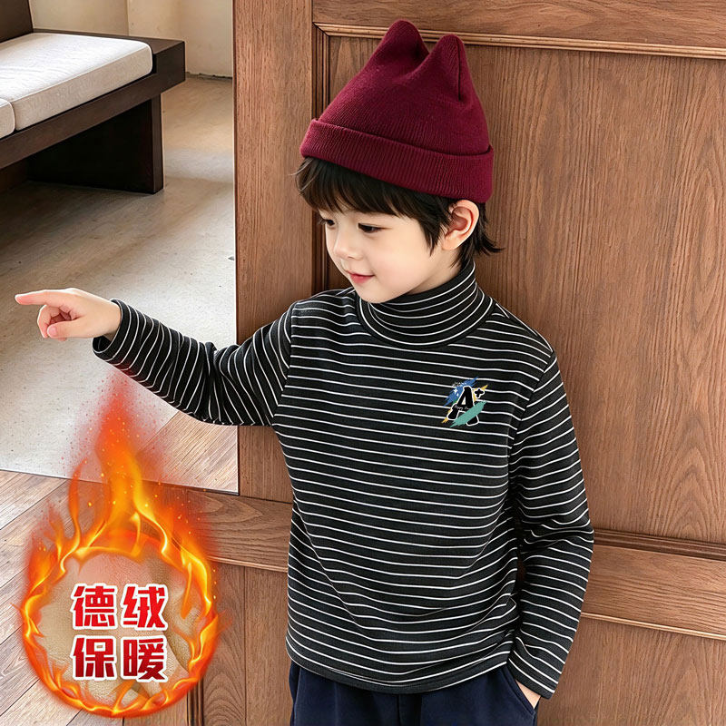 百搭半高领长袖条纹童装