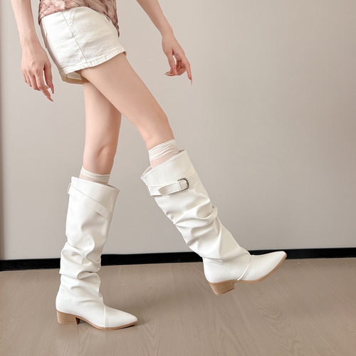 秋冬新款法式尖头粗跟骑士靴女