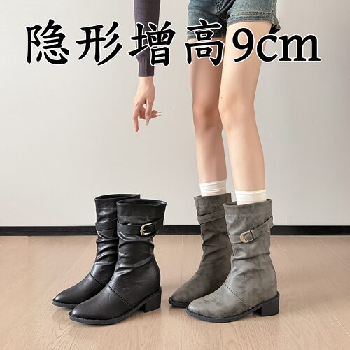 秋冬复古西部牛仔尖头粗跟中筒靴