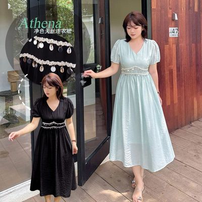 k3065大码女装连衣裙2025夏款波西米亚风纯色V领天丝胖妹妹裙子