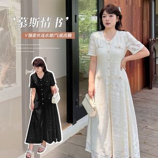 A0106轩辰大码 连衣裙 女装 胖MM微胖圆领蕾丝名媛风优雅感纯色长款