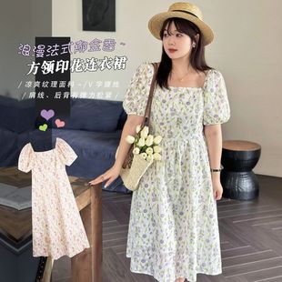 法式 xhk002连衣裙夏新款 女装 甜美时尚 碎花胖mm裙子 方领茶歇裙大码