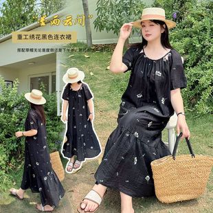 新款 胖mm甜美设计感重工绣花连衣裙2025夏季 系带套头中长裙222217