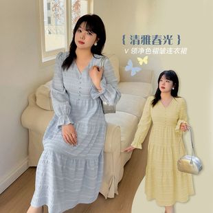 v领收腰连衣裙文艺清新微胖mm大码 lk2981大码 新款 女装 连衣裙 春季