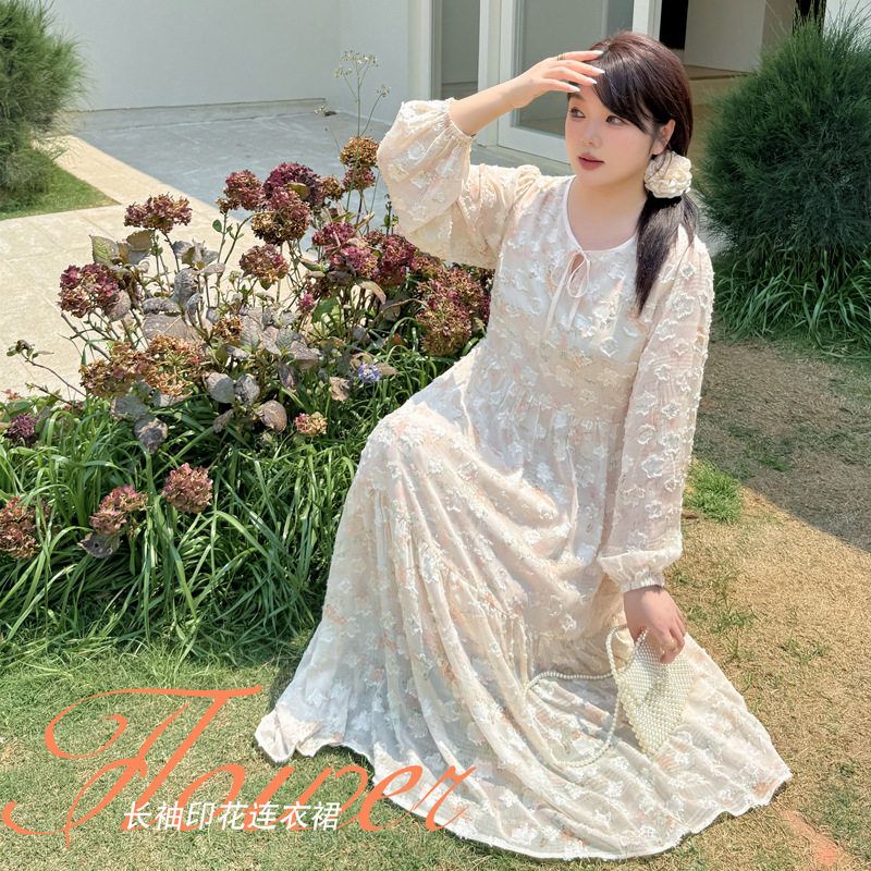 k3013大码女装茶歇法式温柔长袖雪纺碎花连衣裙女士新款仙女长裙