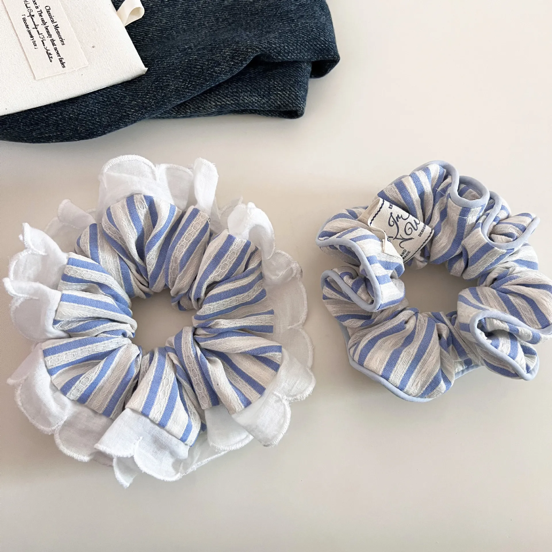 蓝白清新条纹蕾丝边大肠圈女温柔韩系马尾发圈百搭丸子头发绳发饰