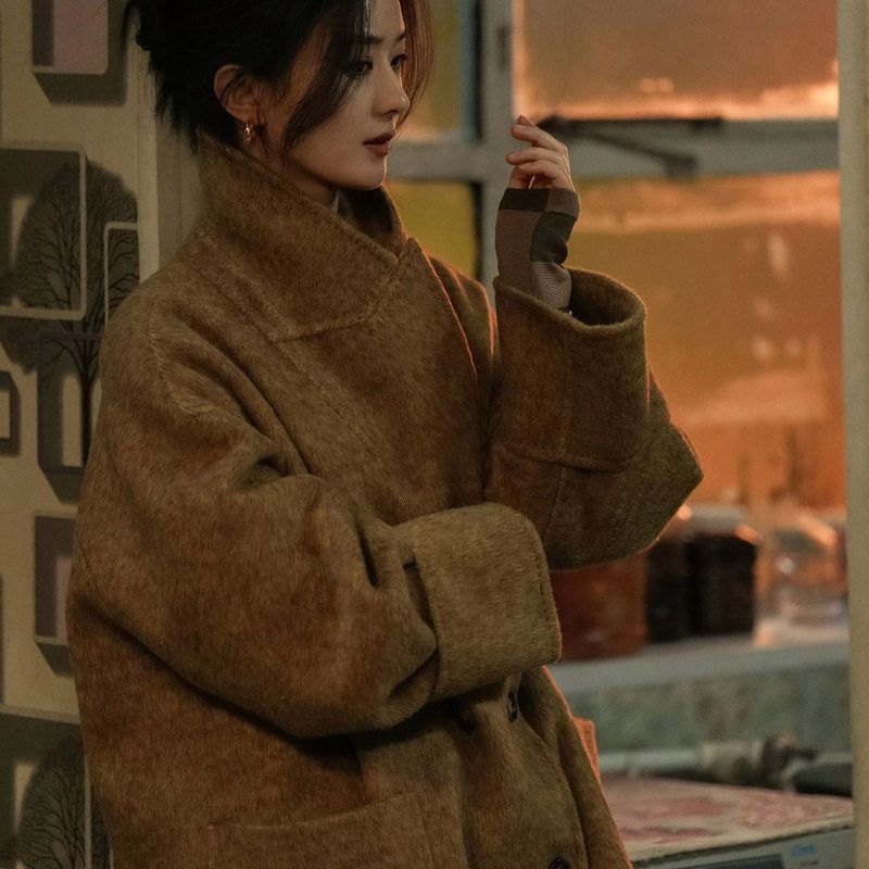冬季新款韩国东大门赵丽颖同款复古西装领双排扣大衣外套女