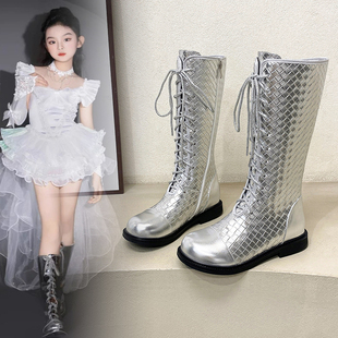 女童银色走秀模特靴子黑色高筒加绒马丁靴舞台演出鞋比赛儿童长靴