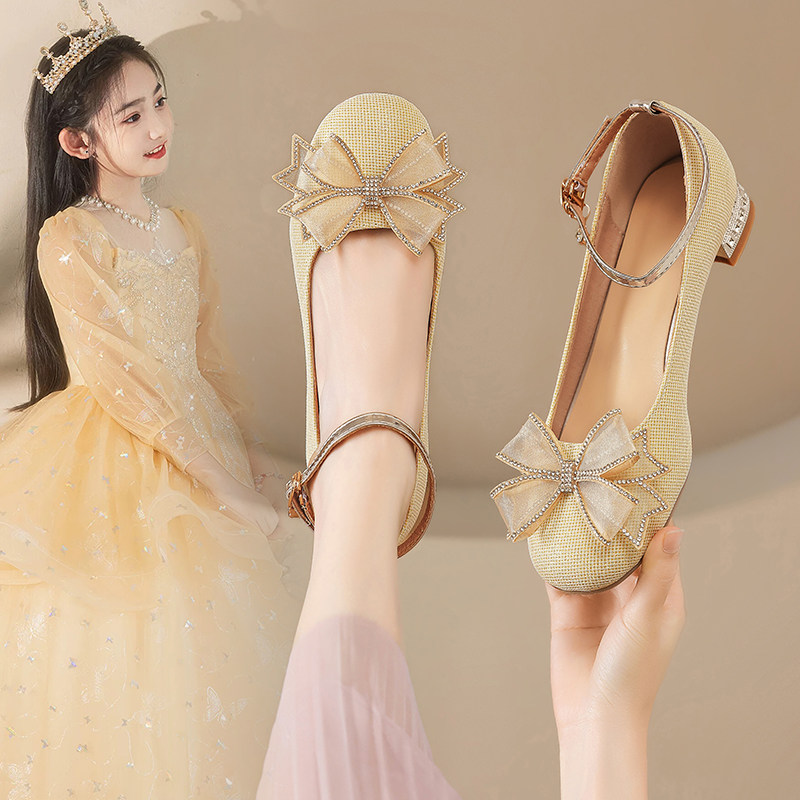 水晶公主鞋女童皮鞋钢琴演出鞋儿童高跟鞋小女孩春秋黑色配礼服鞋