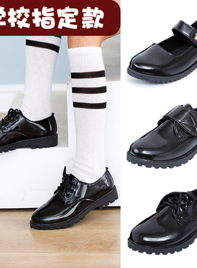 新款学生合唱演出皮鞋男女童黑白色系带花童西装软底男女孩表演鞋