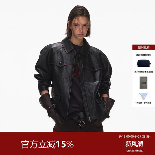 ECHOADE复古摩登翻领设计精致外套  黑色擦色酷感皮夹克
