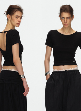 ECHOADE柔软舒适 甄选含羊绒材质 大开口领型露背设计收腰短袖T恤