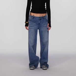 宽松直筒廓形牛仔裤 时髦低腰设计猫须水洗纹理 复古 ECHOADE经典