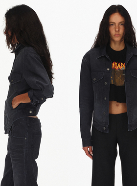 ECHOADE时髦随性 圆弧下摆 水洗做旧蓝灰色长袖牛仔外套