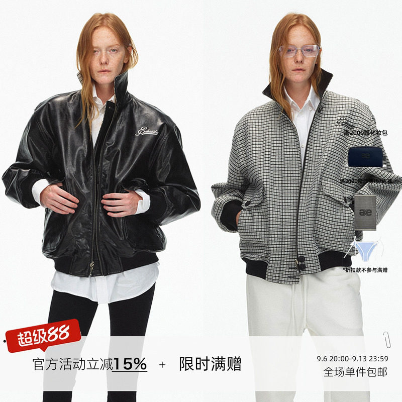 ECHOADE千鸟格拼黑皮双面穿夹克图片