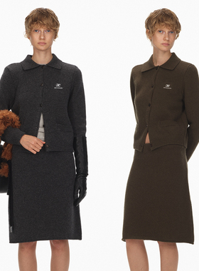 ECHOADE优雅松弛 简洁利落羊毛针织开衫半身裙套装