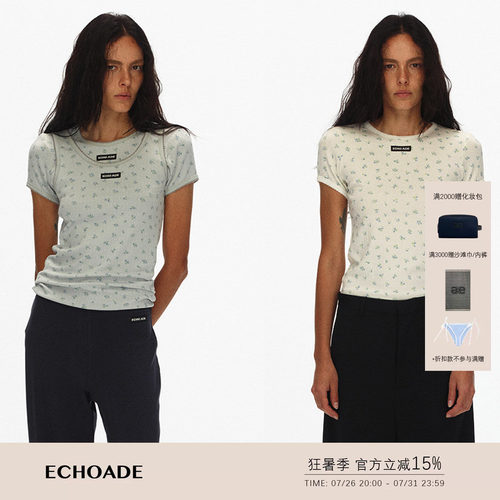 ECHOADE经典小圆领 蕾丝花边设计罗纹织碎花短袖T恤