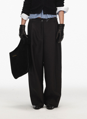 ECHOADE精致时髦 优雅有光泽中低腰双褶宽松阔腿版型西裤