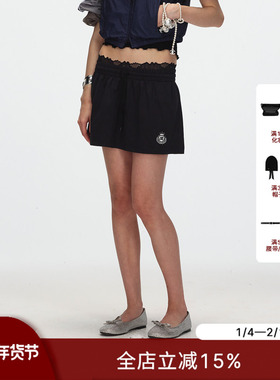 ECHOADE时髦松弛 亲肤100%棉抽绳松紧腰设计LOGO刺绣休闲mini短裙