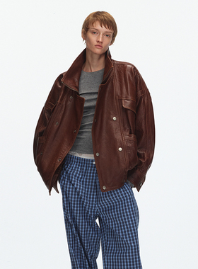 ECHOADE英国进口100%绵羊皮 经典廓形插肩袖设计飞行员皮夹克外套