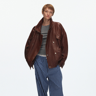设计飞行员皮夹克外套 廓形插肩袖 ECHOADE英国进口100%绵羊皮 经典
