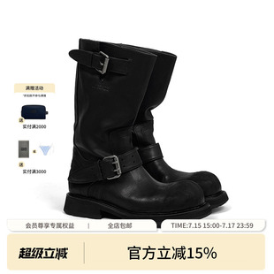 ECHOADE复古时髦 做旧成色处理 宽厚大圆头设计牛皮中筒靴子