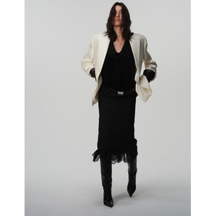 ECHOADE时髦行走 中高腰下摆不对称设计蕾丝拼接半身裙 精纺羊毛