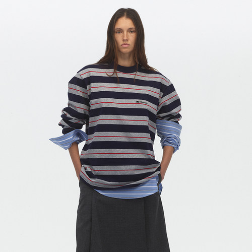 ECHOADE百搭宽松经典圆领慵懒条纹长袖T恤女设计感早春新款上衣