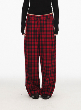 ECHOADE精致松弛 挺阔有型中低腰双褶设计红格纹宽松廓形阔腿裤