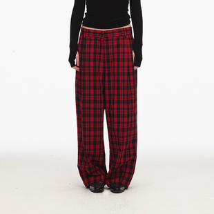ECHOADE精致松弛 挺阔有型中低腰双褶设计红格纹宽松廓形阔腿裤