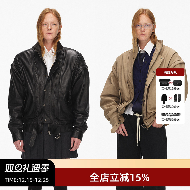 ECHOADE立领落肩袖廓形皮夹克