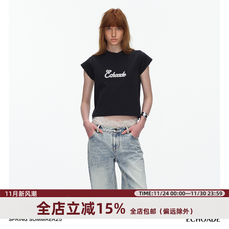 ECHOADE水洗小圆领短款T恤