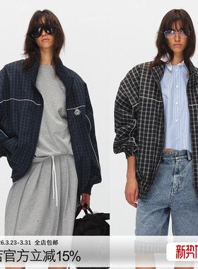 ECHOADE时髦复古 经典宽松版型双头拉链设计格纹立领轻便夹克外套