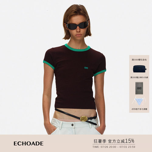 ECHOADE 亲肤软糯 高密弹力针织撞色领口袖口设计修身短袖T恤