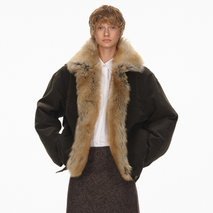 ECHOADE一件过冬 风羊毛大毛领羽绒服夹克外套 可脱卸鹅绒内胆工装