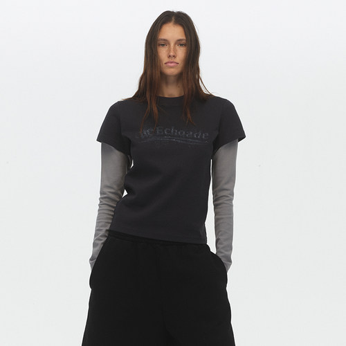 ECHOADE假两件双袖撞色拼接正肩修身版型小圆领logo印花长袖T恤