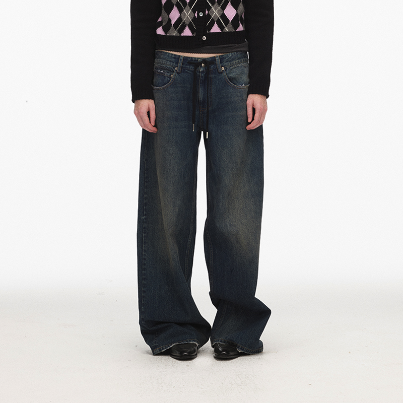 ECHOADE水洗做旧抽绳牛仔阔腿裤